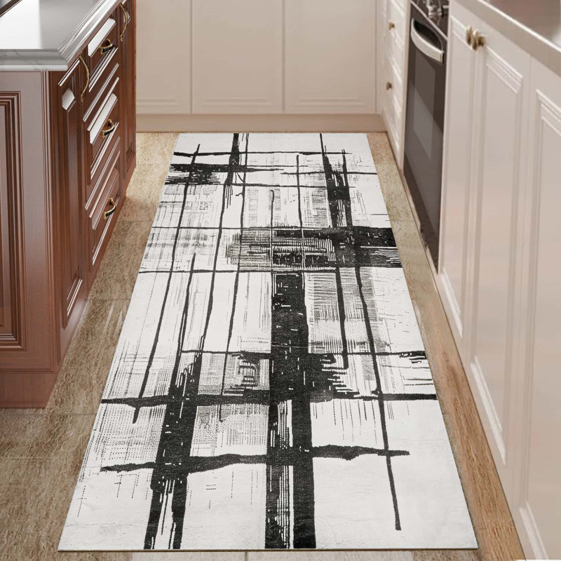 Abstract Non-Slip Machine Washable Modern Area Rug in Black/White for Living Room, Bedroom, Hallway Runner Indoor Rugs