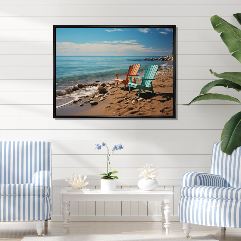 Chaises de plage bleu sarcelle et orange sur toile, H 34 po x l 44 po x P 1,5 po, Cadre flottant noir