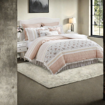 Elegant 9-piece Cotton Percale Bedding Set, Blush King, Shabby Chic Style