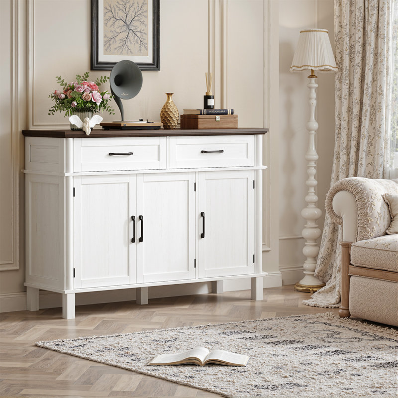 Buffet Buffet avec tiroirs, tablettes et portes, Blanc / Brun, H 34,2 po x l 47,2 po x P 14,9 po