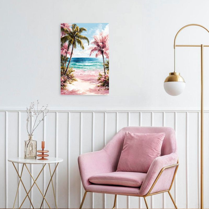 Art mural côtier tropical de plage rose, H 24 po x l 16 po