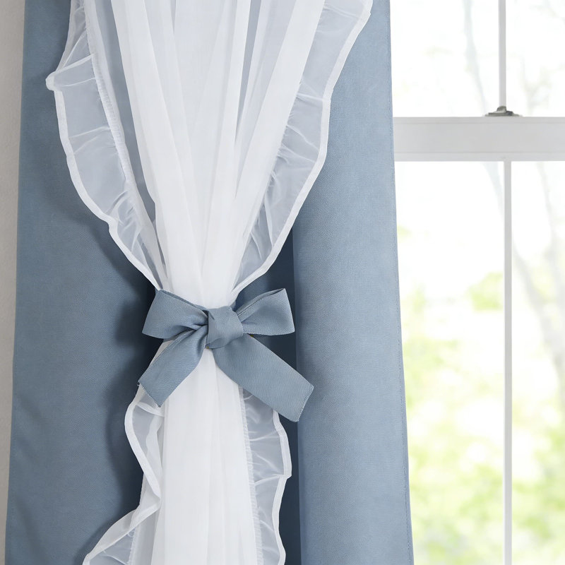 Double Layer Blackout Curtains With Sheer Ruffle Overlay - Room Darkening Drapes With Tiebacks For Bedroom And Living Room, 2 Panels