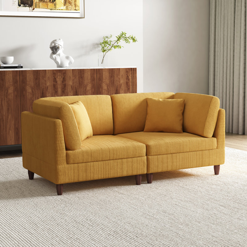 2 - Piece Upholstered Corduroy Modular Sectional with Pillow Back and Solid Wood Legs, Orange