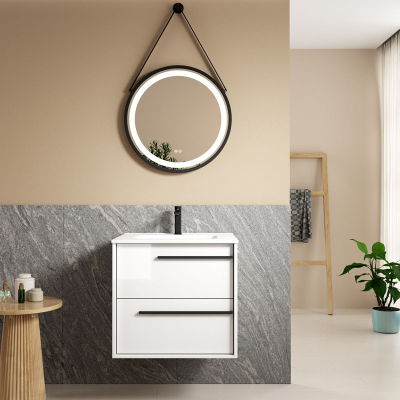 Lotus 28.0" Wall Mounted Single Bathroom Vanity with Ceramic Top, Natural Oak, 28"