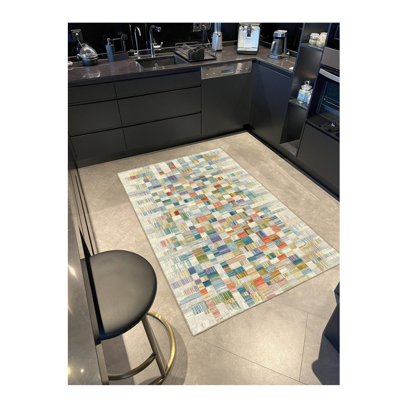 Tapis multicolore à motif de cubes tissés et lavable à la machine, Carré 3 pi 3 po