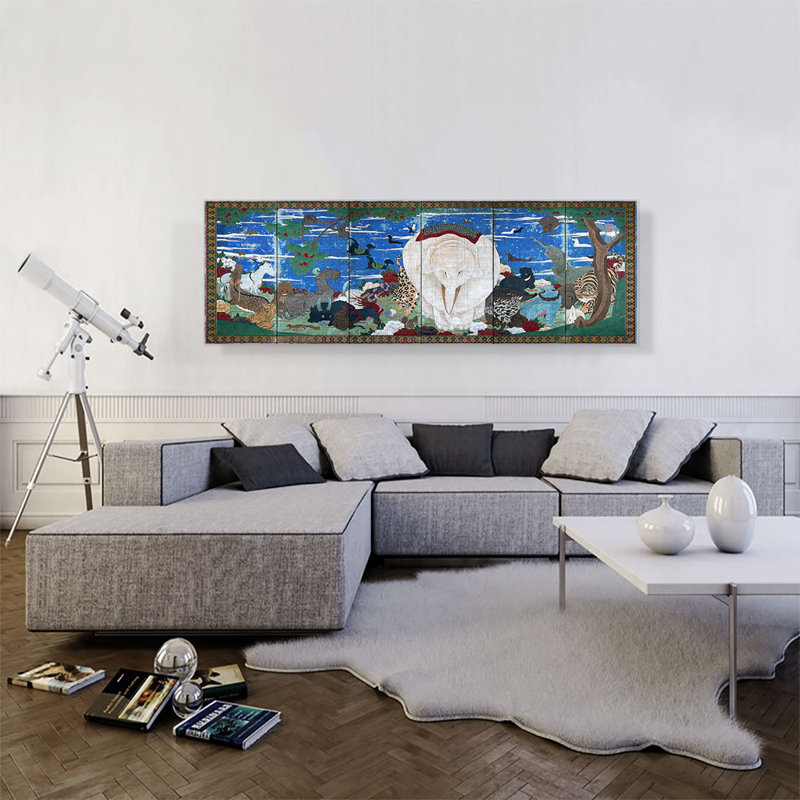 Oiseaux, animaux et plantes à fleurs en scène imaginaire par Jakuchu Ito - reproduction d'art sur toile panoramique