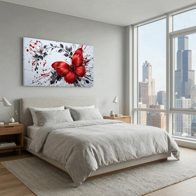 Art mural sur toile avec fleur rouge et fleur blanche avec peinture noire et rouge