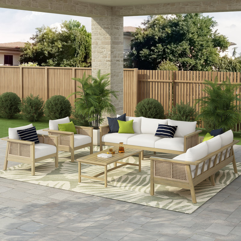 Ensemble 5 pièces d'extérieur moderne en bois d'acacia côtier et en osier avec coussins hydrofuges