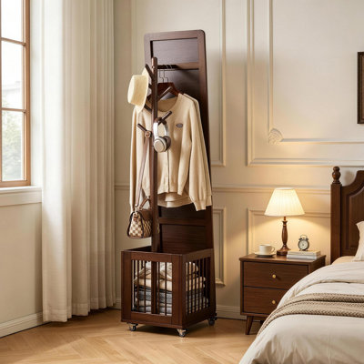 Mid-Century Modern Solid Rubberwood Coat Rack with Rolling Storage Basket