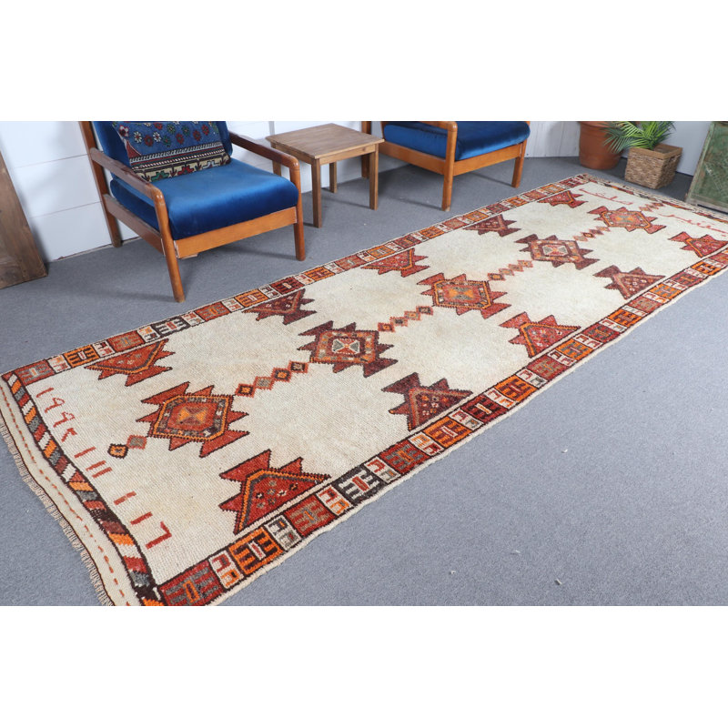 Vintage Turkish Handmade Runner Rug with Geometric Patterns in Warm Red Tones