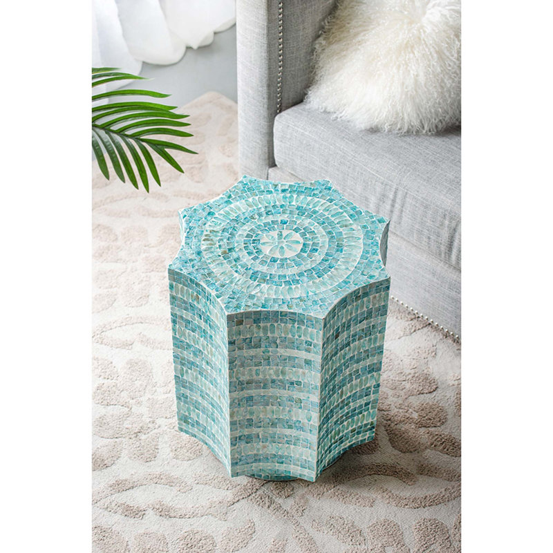 Tabouret 17 po x 17 po x 20 po avec motif Capiz, bleu multi
