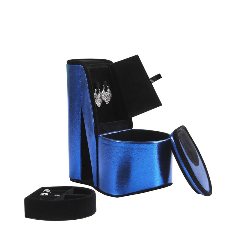 Boîte à bijoux 9 po avec rangement caché, conception de chaussures à talons hauts, velours bleu