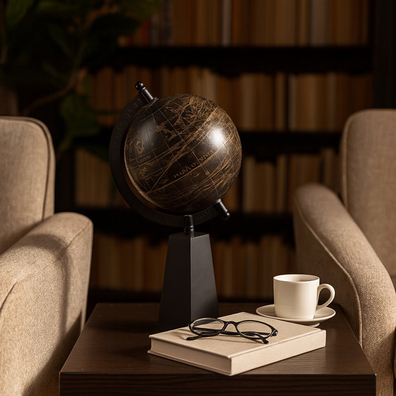 Koregan Modern Globe Sculpture With Wood Base - Figurine Style Statues And Decorative Objects For Home Decor And Living Room - 11", Black