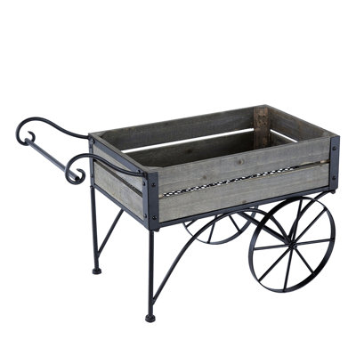 Antique Brown Trolley Cart Planter With Wheels And Two Back Legs, 24.4X12.6X15.4 Inches, 9.9 Lbs Rustic Plant Stand Rectangular Pine Pieces Wheels,