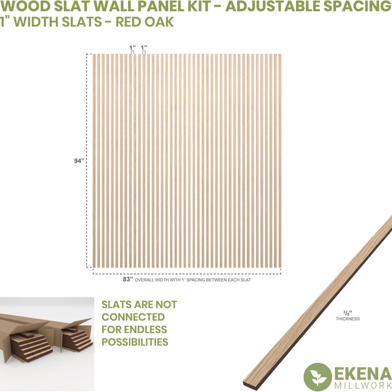 Adjustable Wood Slat Wall Panel Kit, 1"W x 94"H x 0.375"T, Red Oak
