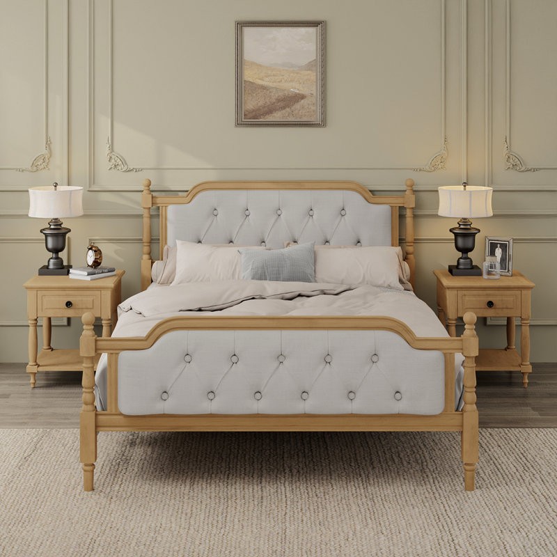 Traditional Style Bed Frame with Upholstered Headboard,No Box Spring Needed, Antique White, Queen