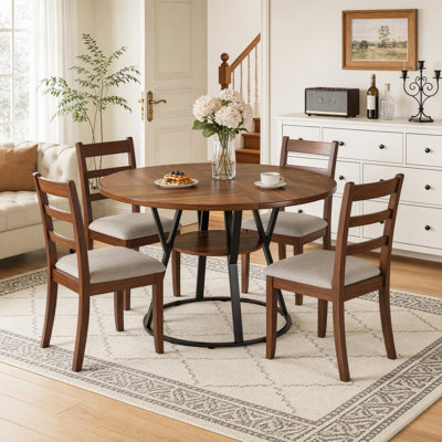 47.2" Round Dining Table for 4 , Farmhouse Kitchen Table with Storage Shelf