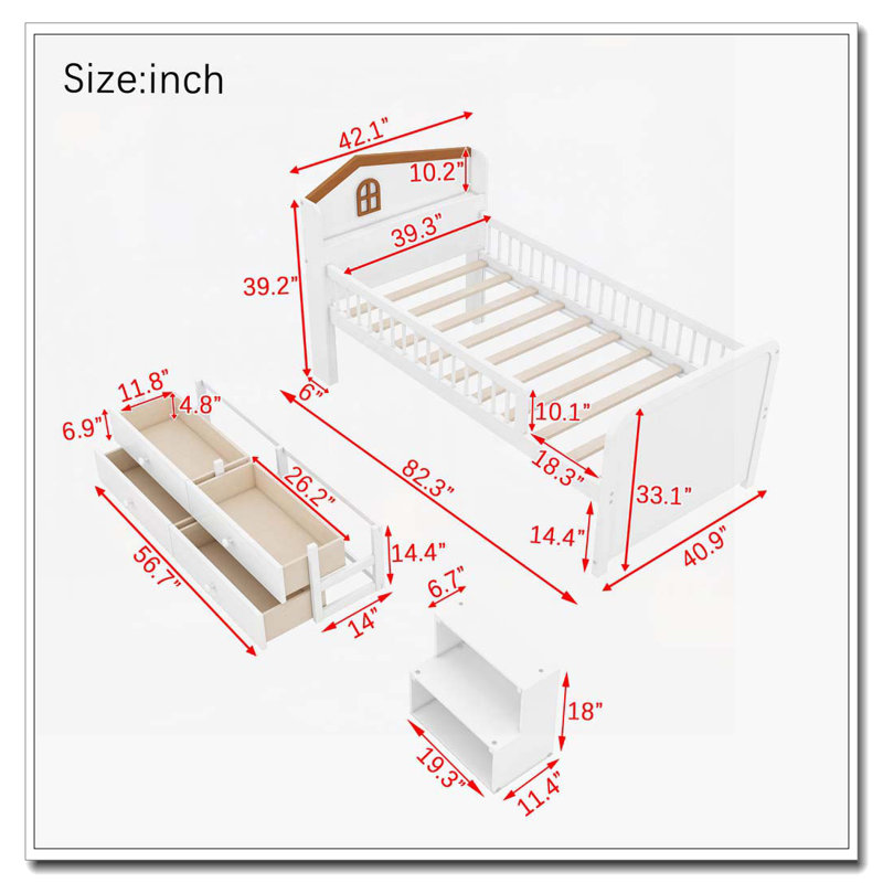 Lit de rangement en bois en forme de maison avec lumières DEL, tiroirs, Blanc