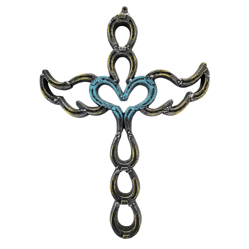 Polyresin Horseshoe Link Heart Cross with Angel Wings Religious Hanging Wall Cross Décor
