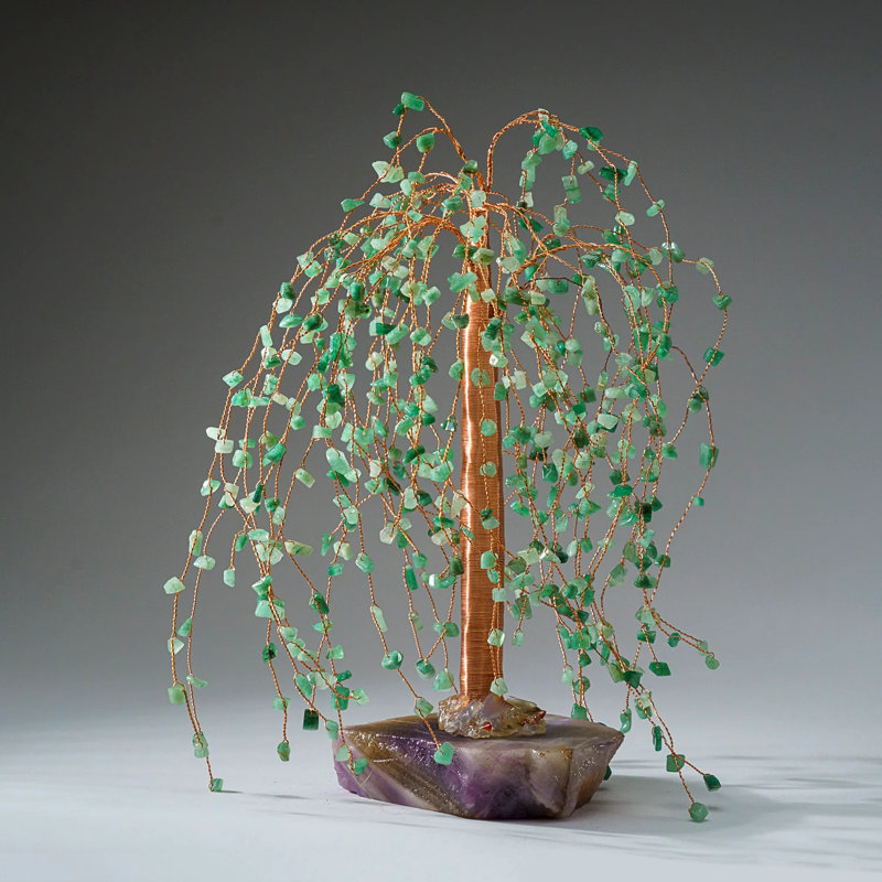 Genuine Green Aventurine Gemstone Willow Tree On Fluorite Base