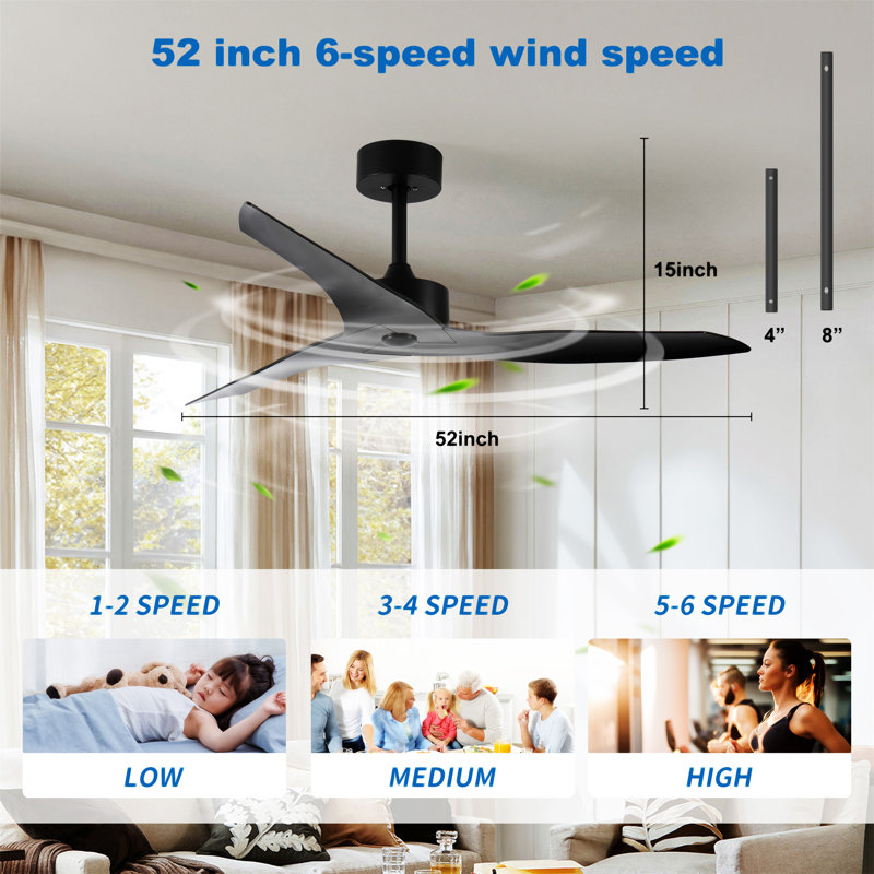 52" Outdoor black Ceiling Fan Without Light with Remote Control ,3 ABS Blades Farmhouse Ceiling Fan 6-speed Reversible DC Motor Modern Ceiling Fan for Living Room, Bedroom, Kitchen