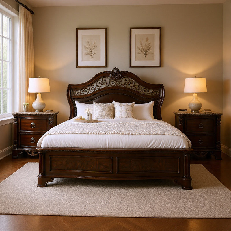 Ensemble de chambre à coucher grand lit en cerisier brun et bois doré - Ensemble de 3 pièces avec 2 tables de chevet
