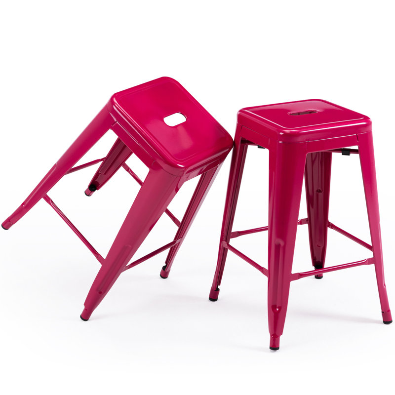 Almodovar 24" 24 Inch Metal Bar Stools, Backless Counter Height Barstools, Stackable Stools with Square, Fuchsia