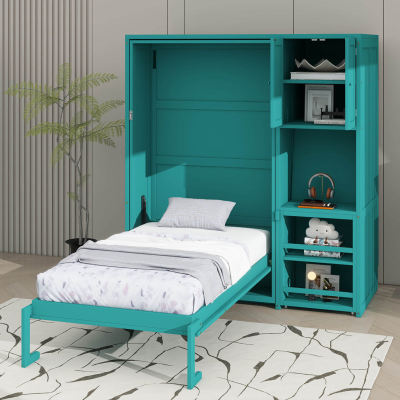 Lit escamotable mural simple avec bibliothèque, armoire supérieure, bureau extensible et rangement latéral, Sarcelle