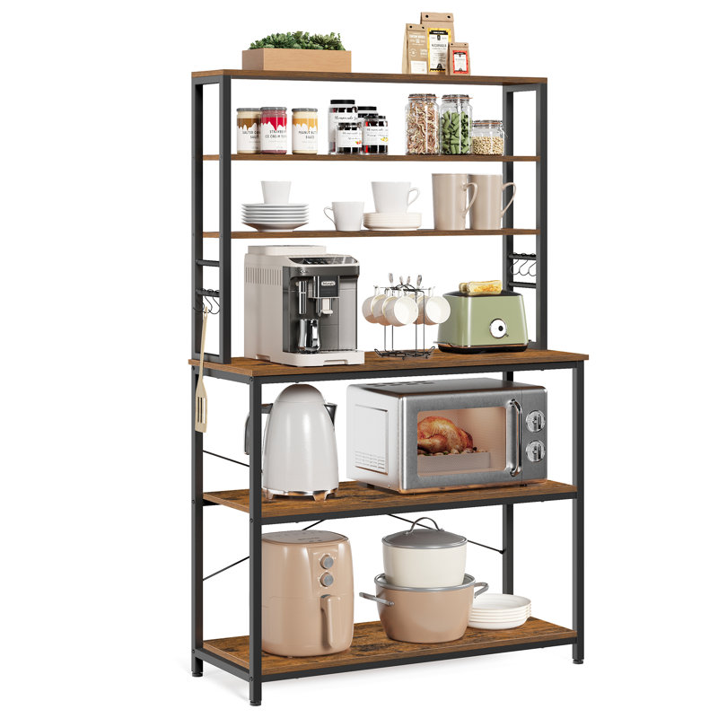 Kitchen Storage Rack, Coffee Bar, Baker’S Rack, Total 6 Shelves And 6 Hooks, For Microwave, Steel Frame, Industrial, 40 X 100 X 167 Cm, Rustic Brown And Black
