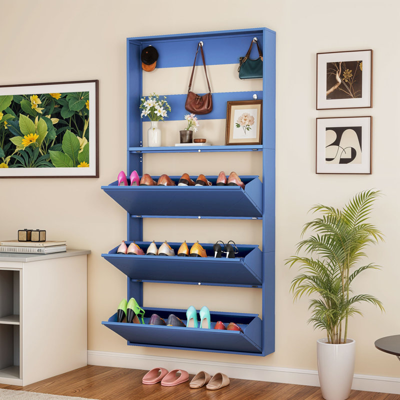 Wall-Mounted Metal Shoe Cabinet With 3 Flip Drawers, Blue