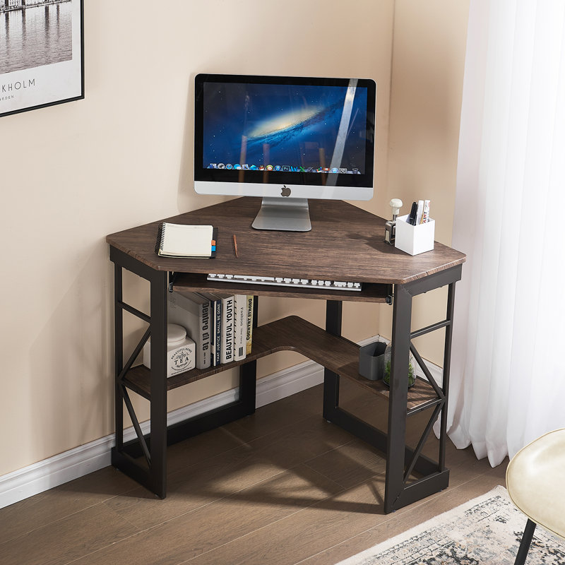 Lambrecht Corner Computer Desk with Smooth Keyboard and Storage Shelves, Farmhouse Triangle Computer Desk for Home Office, Living Room, Bedroom and Small Spaces