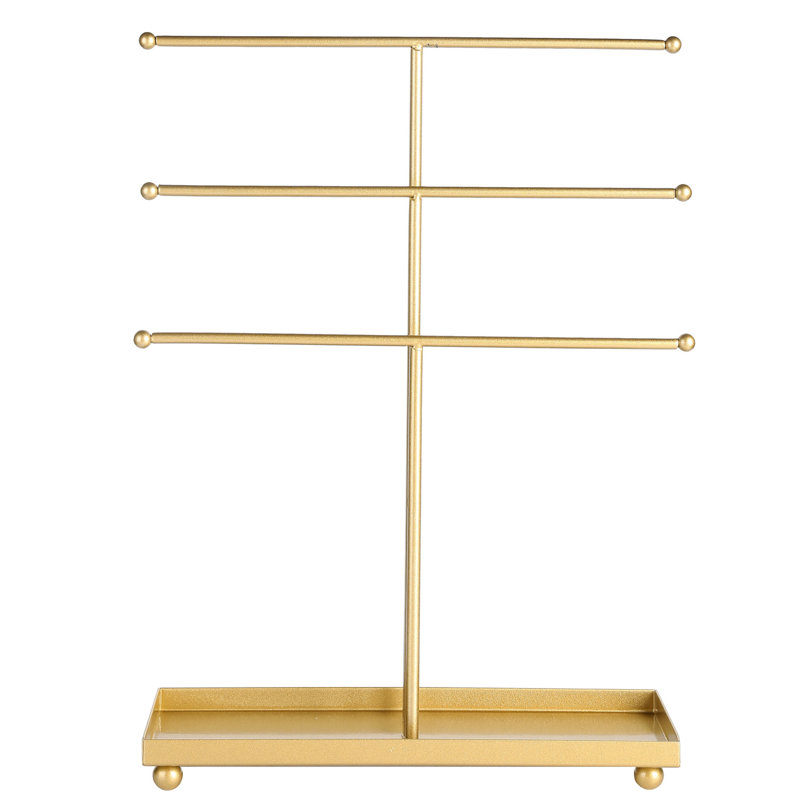 Support à bijoux en métal doré à 3 niveaux avec plateau à accessoires 
