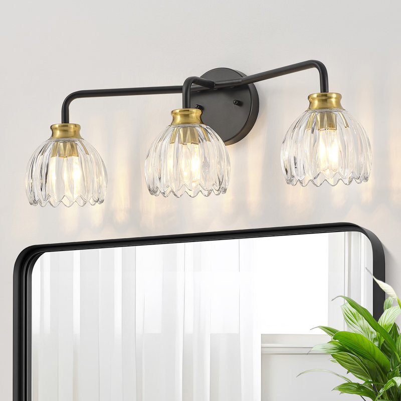 3 - Light Dimmable Vanity Light With Tulip Glass Shade, Matte Black/Gold
