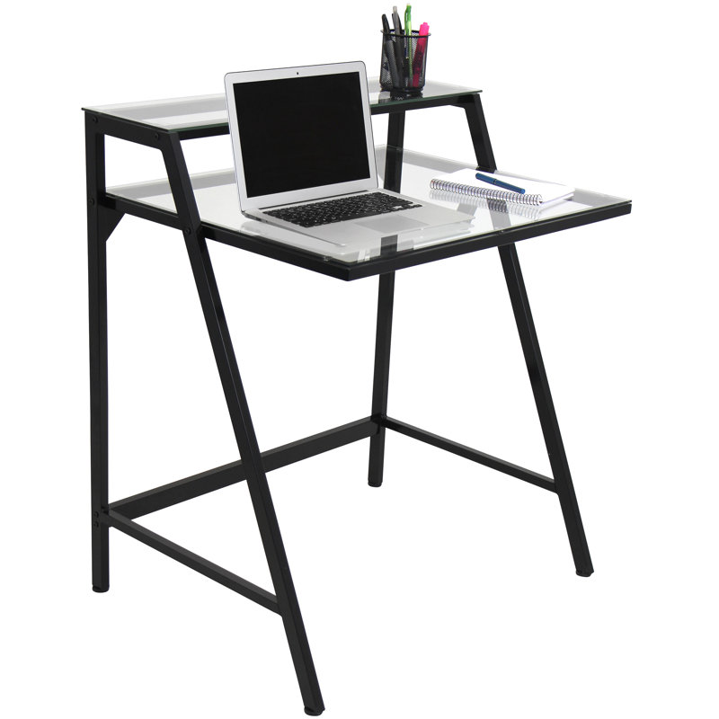 Huertas Glass Top Metal Base Writing Desk, Black/Clear