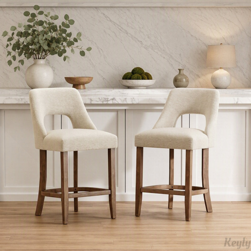 Ensemble de 2 tabourets de bar en bois avec sièges rembourrés, Beige, Beige