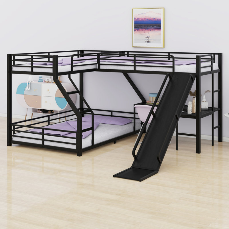 L-Shaped Bunk Bed With Loft Bed, Slide And USB Ports, Twin Over Full Over Twin