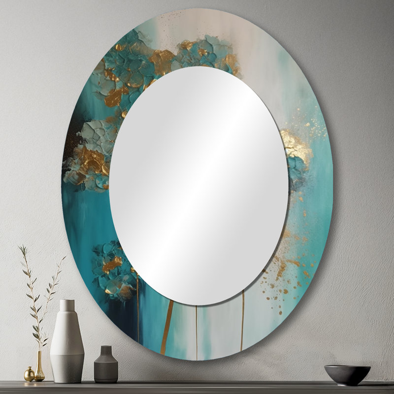 Hydrangea Flower Blossoming Gold Retro Teal Gold - Large Oval Wall Mirror On Metal, 43" x 33"