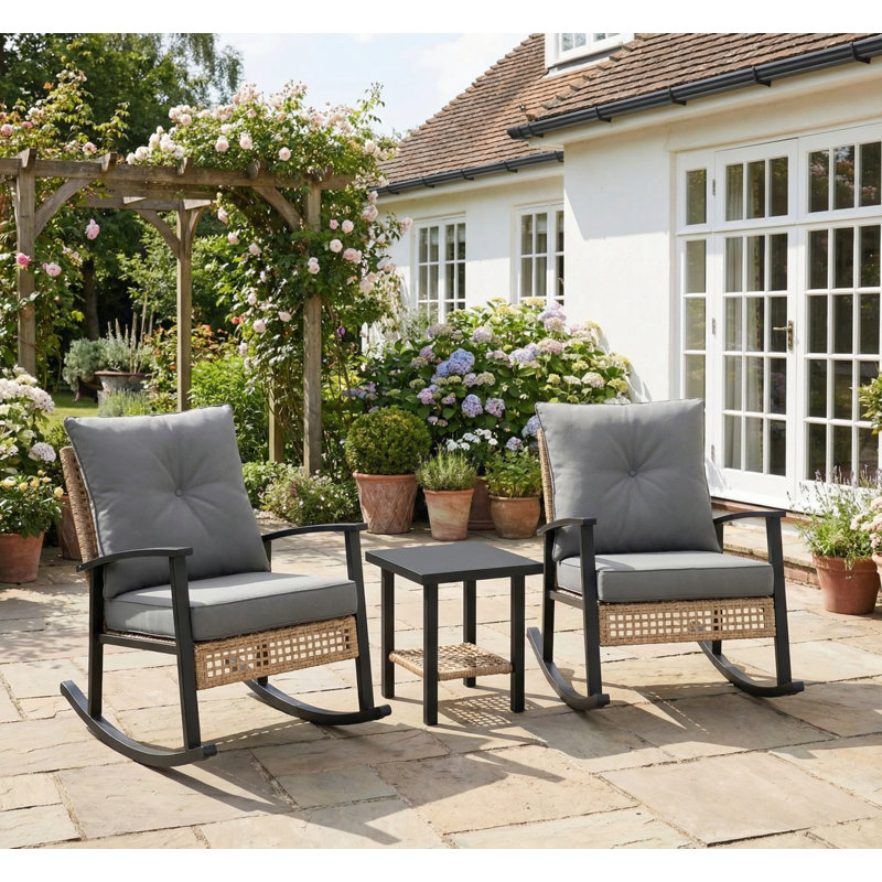 Ensemble de coussins capitonnés à boutons avec meubles de patio, chaises berçantes en rotin, table basse, Gris