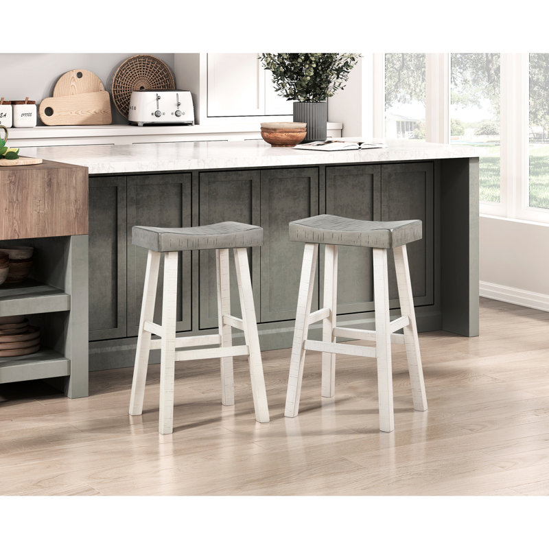 2pcs Solid Rubberwood Counter Height Stools, Transitional Style, 2pcs,, Bar Stool (30.68” Seat Height), Coffee/White