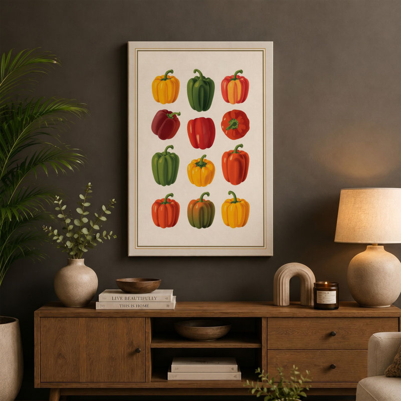 Bell Pepper Study Botanical 1 Piece Wrapped Canvas Wall Art, 36x24 - 91.4 x 61.0 cm, Terracotta Border