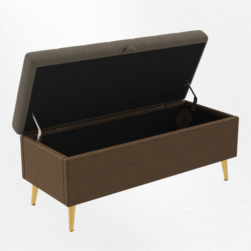 Banc de rangement rembourré avec pieds en métal doré, Café