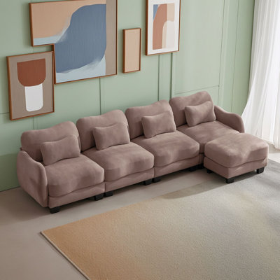 Chenille L-Shaped 4-Seater Modular Sectional Sofa with Movable Ottoman and Lumbar Pillows