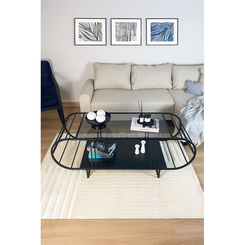 Modern Coffee Table with Tempered Smoked Glass, 100% Melamine Coated Black Chipboard & 100% Metal Frame | Industrial Design, Durable & Stylish for Living Room or Office