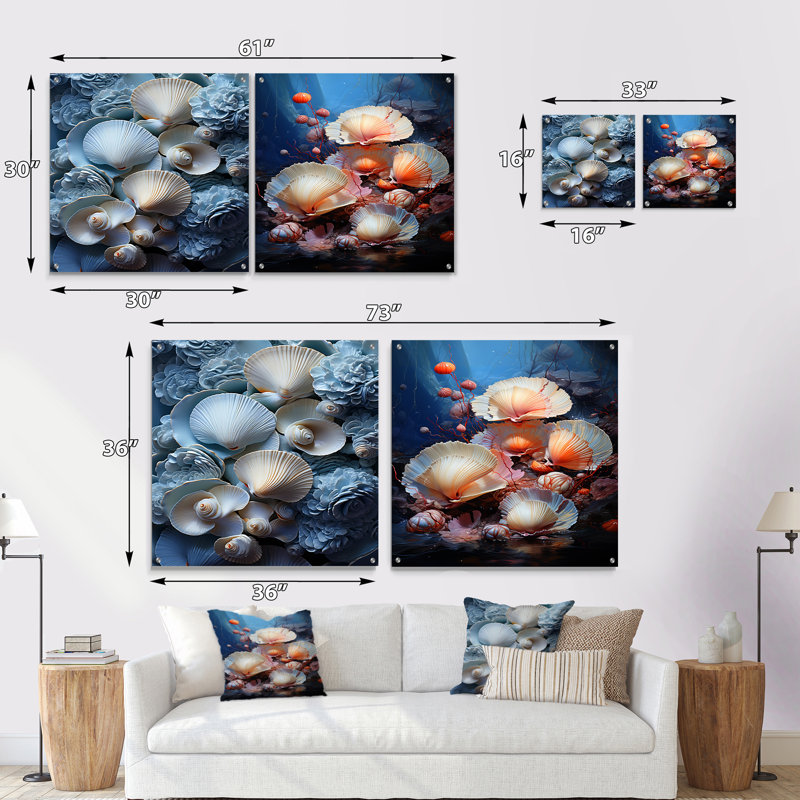Oyster Beauty blanc délicat - tons de bleu - ensemble de 2 peintures murales en acrylique, H 36 po x l 73 po