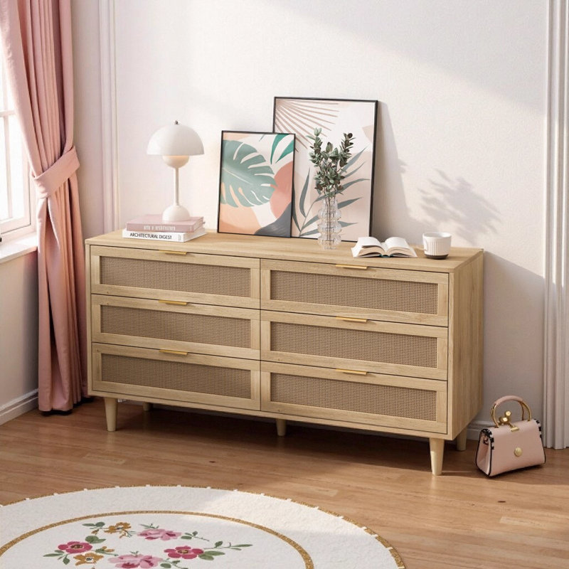 Durable Rattan Dresser with Six Deep Drawers and High Load-Bearing Capacity, Natural