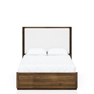 Grand lit en noyer avec tête de lit tapissier en tissu et beauté classique