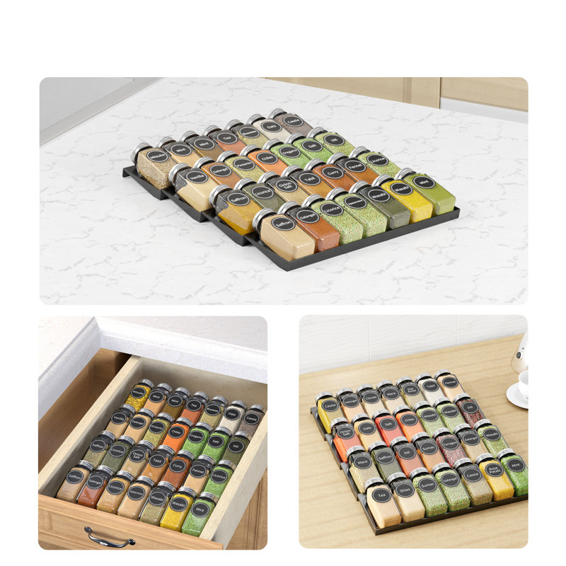 Black 4-Tier Wooden Spice Drawer Organizer with Glass Jars