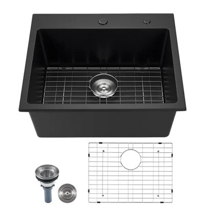 VEVOR 25 inch Kitchen Sink Workstation, Top Mount Granite Sinks, Drop-In Single Bowl Farmhouse Basin with Multiple Accessories, Household Dishwasher S