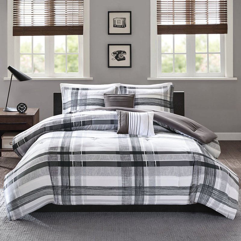 Édredon double / grand à carreaux - Literie élégante dans les tons de noir et de gris, 2 taies décoratives, coussins lavables modernes avec machine douce