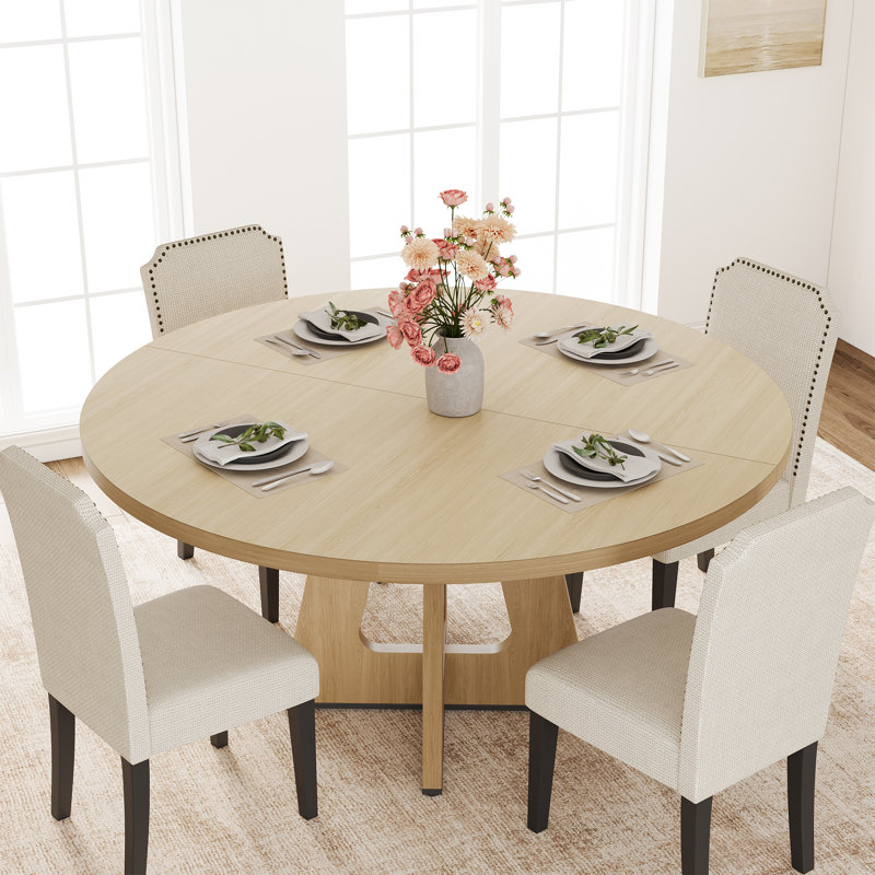 Table de salle à manger ronde extensible peu encombrante pour 4 à 8 personnes - Plateau de table moderne en bois aggloméré - Conception réglable et multifonctionnelle - Idéale pour la cuisine, la salle à manger ou le salon - Couleur bois naturel